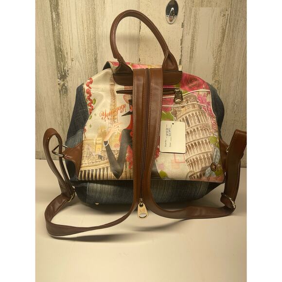 Michael Michelle Hand Painted Denim Backpack Floral NWT Paris Print Handbag - Picture 11 of 13